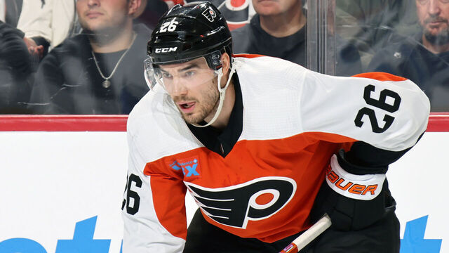 PHILADELPHIA, PENNSYLVANIA - FEBRUARY 08: Sean Walker #26 of the Philadelphia Flyers looks on against the Winnipeg Jets at the Wells Fargo Center on February 8, 2024 in Philadelphia, Pennsylvania.