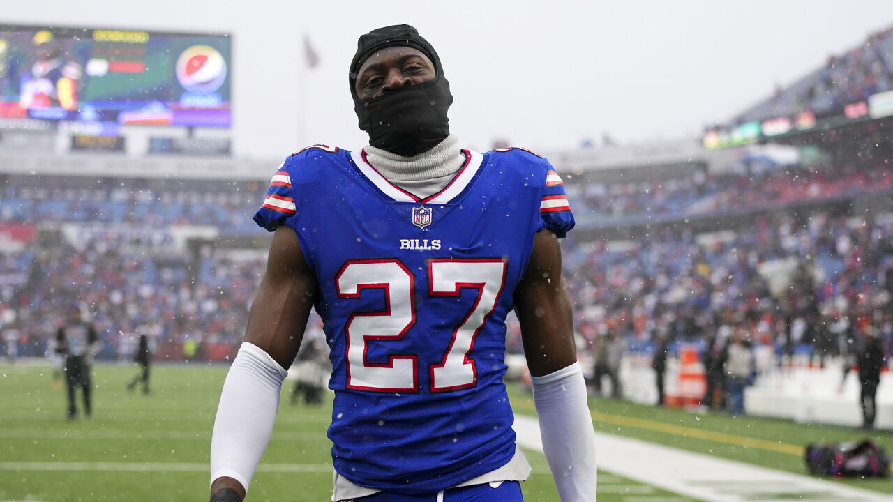 ORCHARD PARK, NY - JANUARY 22: Tre'Davious White #27 of the Buffalo Bills warms up against the Cincinnati Bengals at Highmark Stadium on January 22, 2023 in Orchard Park, New York.