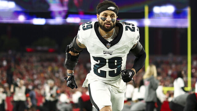 TAMPA, FL - JANUARY 15: Avonte Maddox #29 of the Philadelphia Eagles warms up on the sidelines prior to an NFL wild-card playoff football game against the Tampa Bay Buccaneers at Raymond James Stadium on January 15, 2024 in Tampa, Florida.