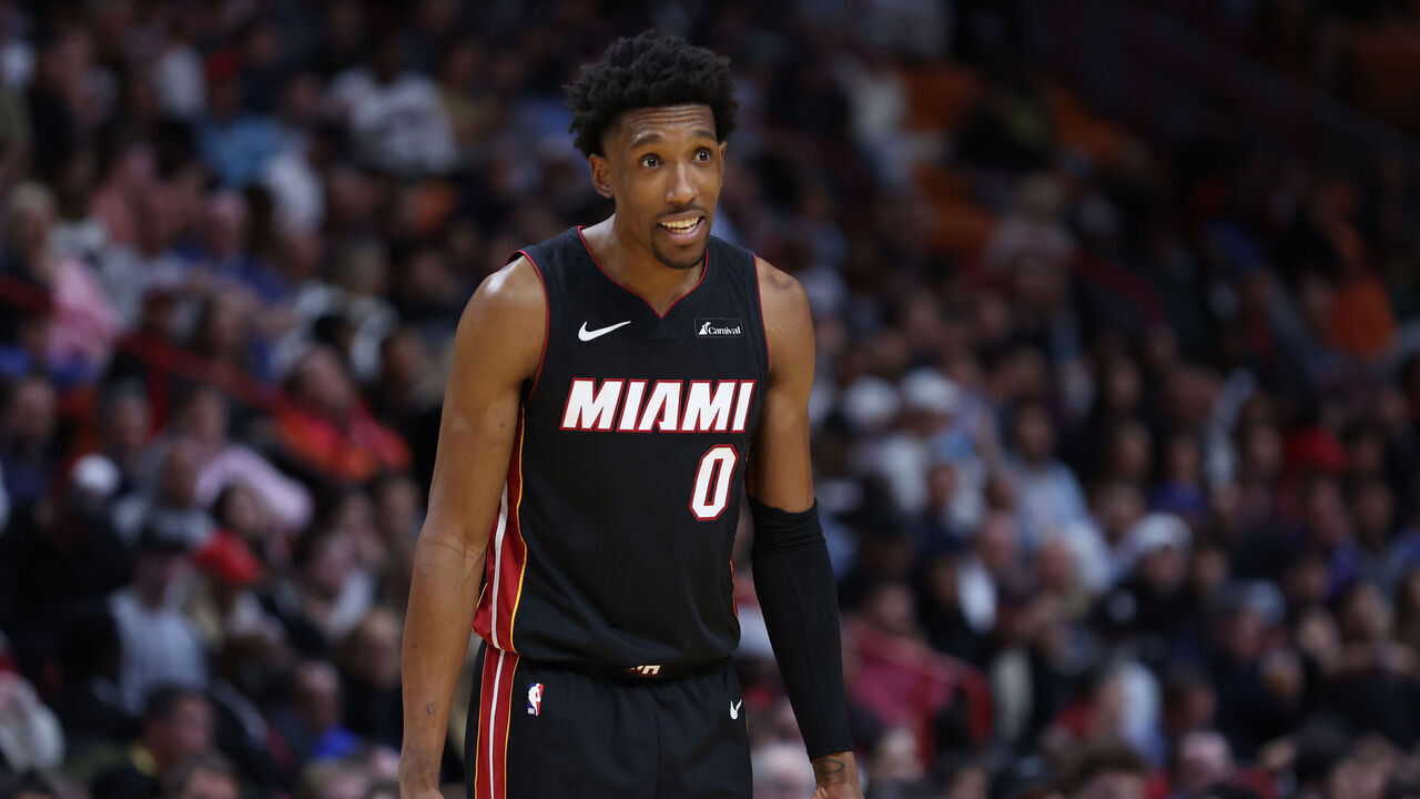 MIAMI, FLORIDA - FEBRUARY 06: Josh Richardson #0 of the Miami Heat reacts during the second quarter of the game against the Orlando Magic at Kaseya Center on February 06, 2024 in Miami, Florida.