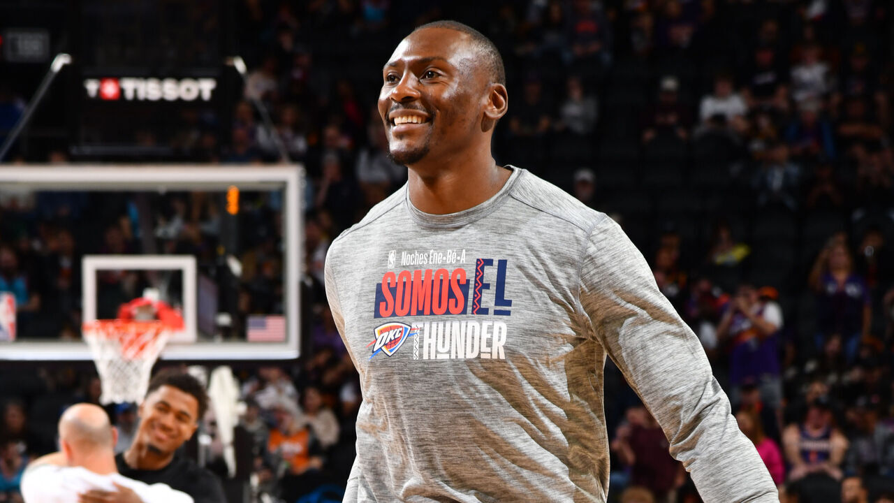 PHOENIX, AZ - MARCH 3: Bismack Biyombo #15 of the Oklahoma City Thunder smiles before the game against the Phoenix Suns on March 3, 2024 at Footprint Center in Phoenix, Arizona. Mandatory Copyright Notice: Copyright 2024 NBAE