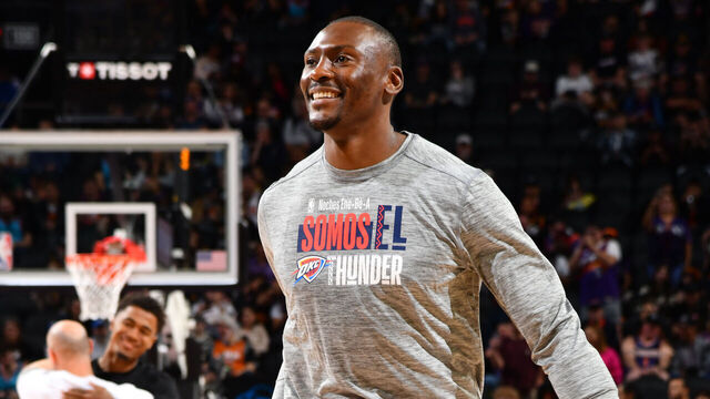 PHOENIX, AZ - MARCH 3: Bismack Biyombo #15 of the Oklahoma City Thunder smiles before the game against the Phoenix Suns on March 3, 2024 at Footprint Center in Phoenix, Arizona. Mandatory Copyright Notice: Copyright 2024 NBAE