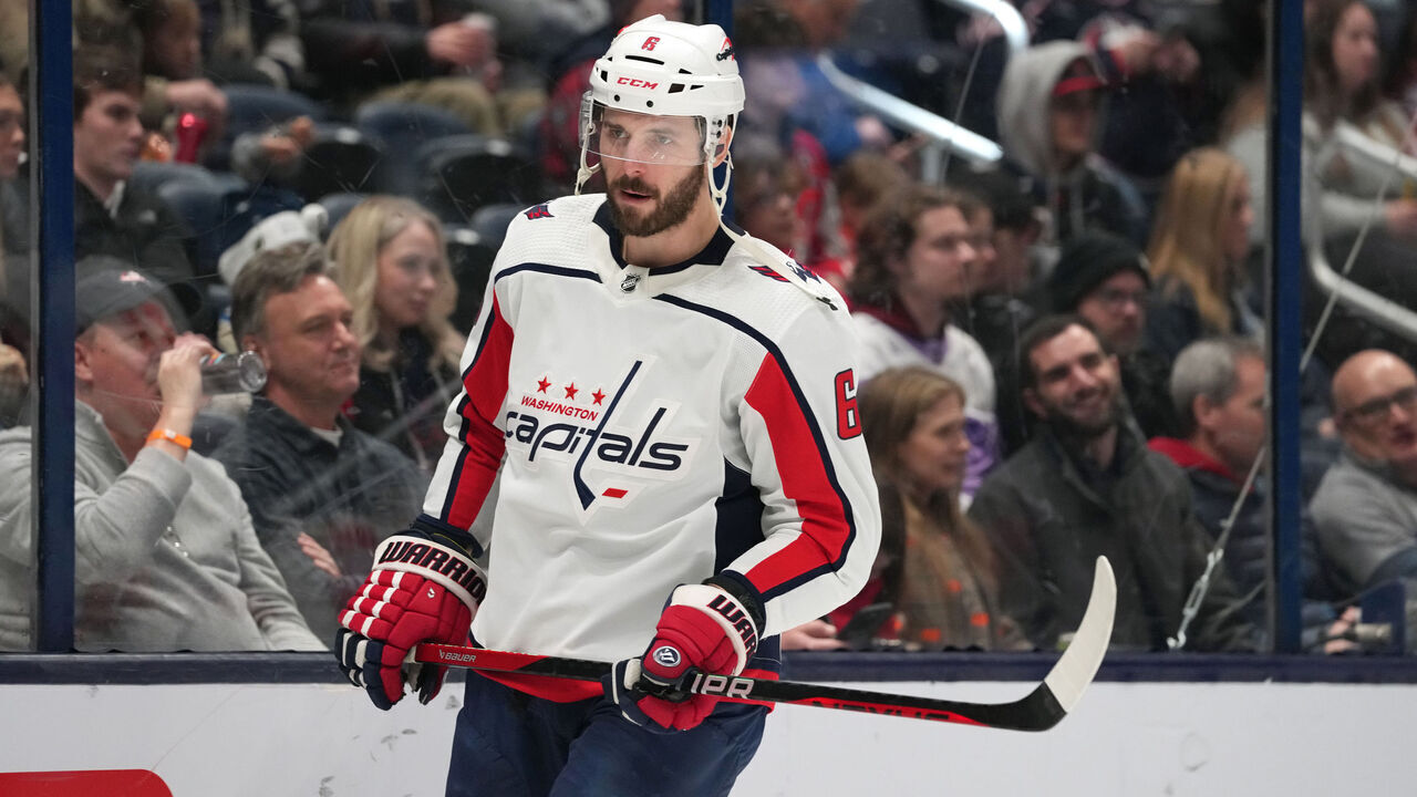 COLUMBUS, OH - DECEMBER 21: Joel Edmundson #6 of the Washington Capitals skates before the start of the third period against the Columbus Blue Jackets at Nationwide Arena in Columbus, Ohio on December 21, 2023.