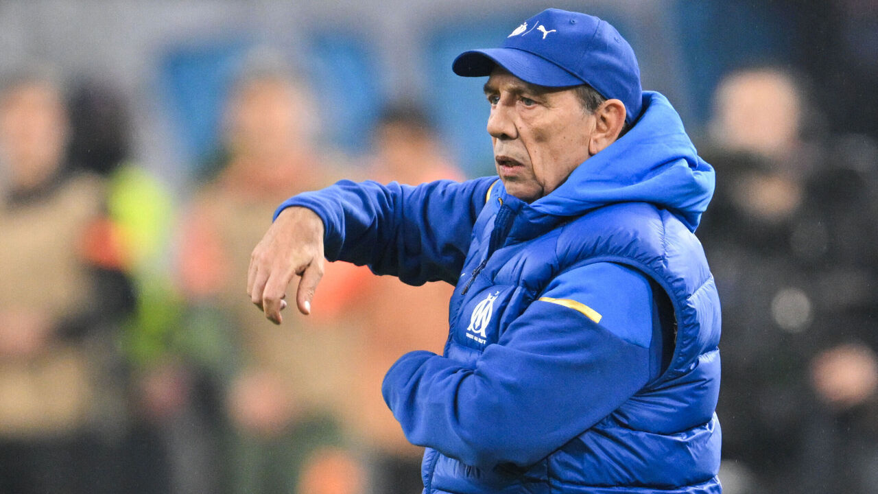 Marseille's head coach Jean-Louis Gasset gestures during the UEFA Europa League knockout round play-off second leg football match between Olympique de Marseille and Shakhtar Donetsk at the Velodrome Stadium in Marseille, southern France, on February 22, 2024.