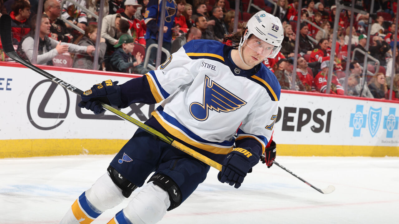 CHICAGO, ILLINOIS - DECEMBER 09: Oskar Sundqvist #70 of the St. Louis Blues skates after scoring against the Chicago Blackhawks in the third period at the United Center on December 09, 2023 in Chicago, Illinois.