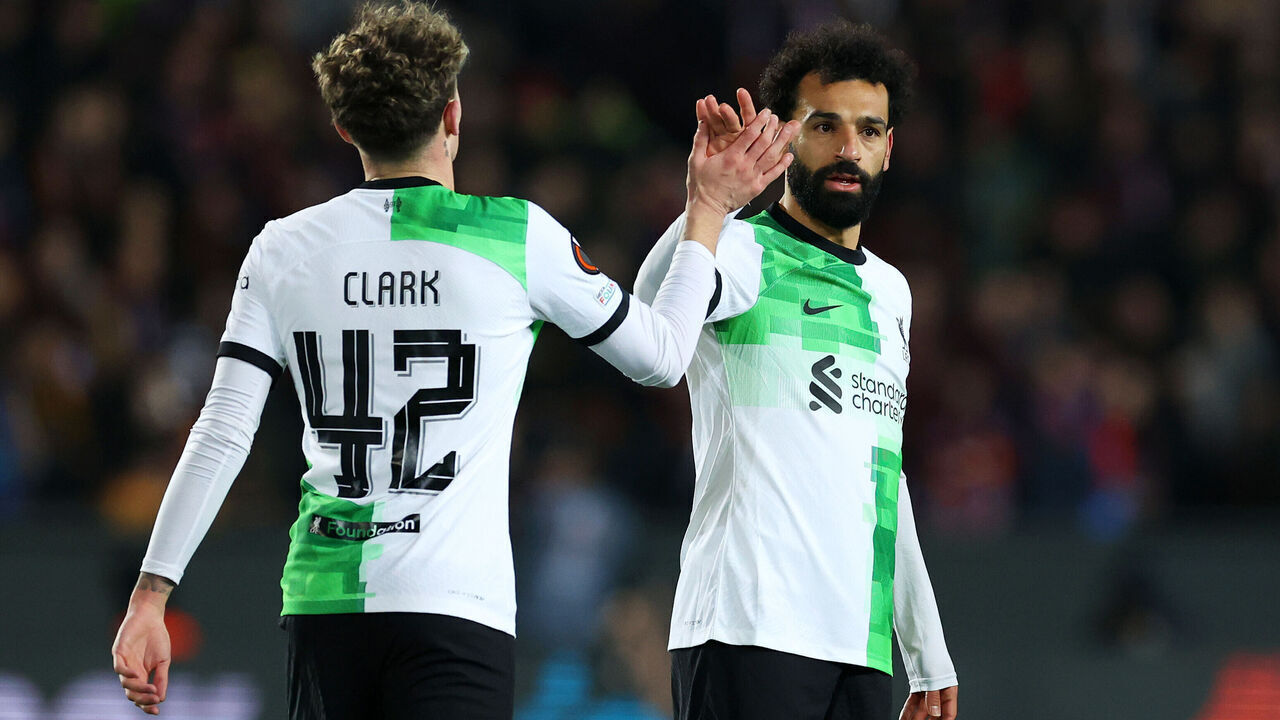 PRAGUE, CZECH REPUBLIC - MARCH 07: Mohamed Salah of Liverpool celebrates with teammate Bobby Clark after he scores a goal which was later ruled out for offside the UEFA Europa League 2023/24 round of 16 first leg match between AC Sparta Praha and Liverpool FC at Letna Stadium on March 07, 2024 in Prague, Czech Republic.