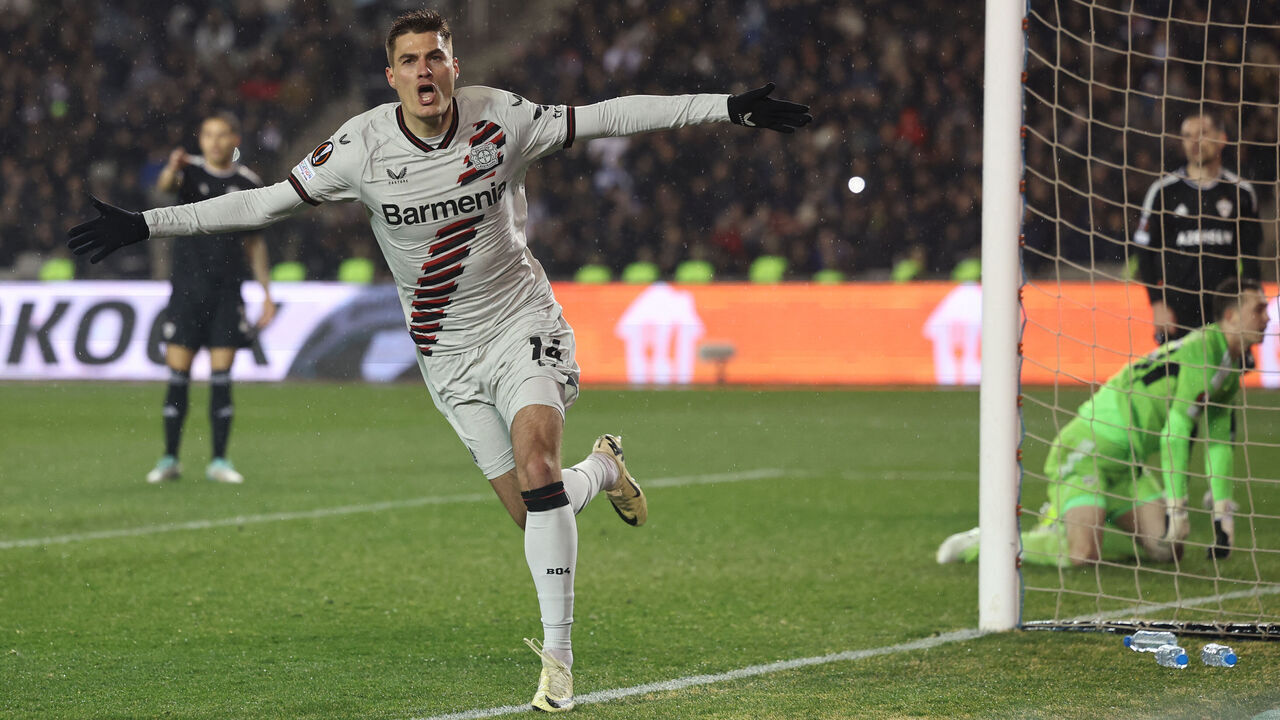 Bayer Leverkusen's Czech forward #14 Patrik Schick celebrates scoring his team's second goal during the UEFA Europa League round of 16 first leg football match between Qarabag FK and Bayer 04 Leverkusen at Tofiq Bahramov Republican Stadium in Baku on March 7, 2024.
