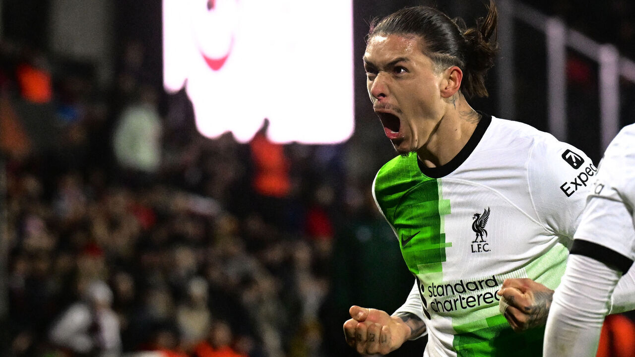 Liverpool's Uruguayan striker #09 Darwin Nunez celebrates scoring his team's third goal during the UEFA Europa League round of 16 first leg football match between AC Sparta Praha and Liverpool FC in Prague on March 7, 2024.