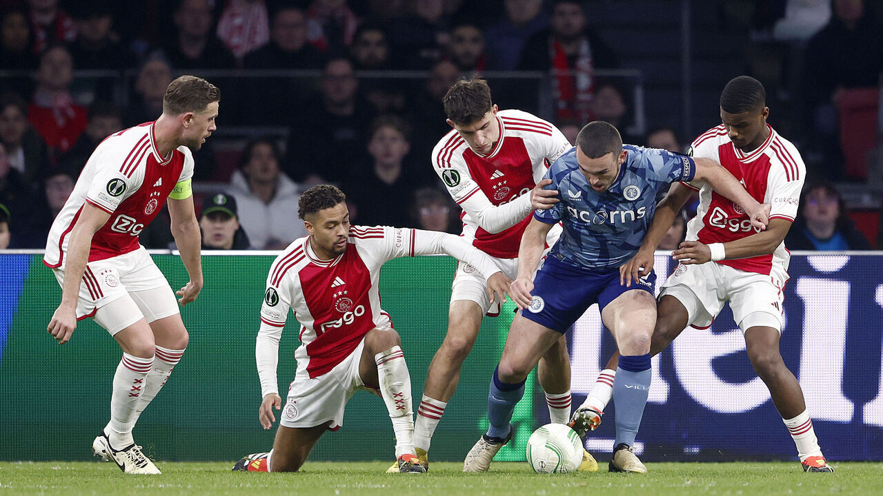 AMSTERDAM, NETHERLANDS - MARCH 7: (L-R) Jordan Henderson of Ajax, Devyne Rensch of Ajax, Ahmetcan Kaplan of Ajax, John McGinn of Aston Villa, Jorrel Hato of Ajax during the Conference League match between Ajax v Aston Villa at the Johan Cruijff Arena on March 7, 2024 in Amsterdam Netherlands