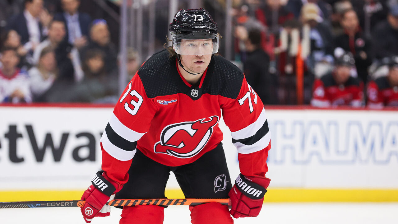 NEWARK, NJ - FEBRUARY 22: New Jersey Devils right wing Tyler Toffoli (73) looks on during a game between the against the New York Rangers and New Jersey Devils on February 22, 2024 at Prudential Center in the Newark, New Jersey.