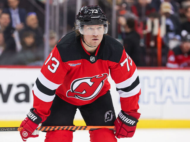 NEWARK, NJ - FEBRUARY 22: New Jersey Devils right wing Tyler Toffoli (73) looks on during a game between the against the New York Rangers and New Jersey Devils on February 22, 2024 at Prudential Center in the Newark, New Jersey.