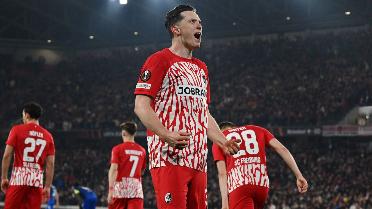 FREIBURG IM BREISGAU, GERMANY - MARCH 07: Michael Gregoritsch of SC Freiburg celebrates scoring his team's first goal during the UEFA Europa League 2023/24 round of 16 first leg match between Sport-Club Freiburg and West Ham United FC at Europa-Park Stadion on March 07, 2024 in Freiburg im Breisgau, Germany.