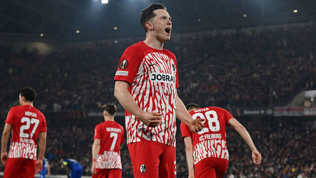 FREIBURG IM BREISGAU, GERMANY - MARCH 07: Michael Gregoritsch of SC Freiburg celebrates scoring his team's first goal during the UEFA Europa League 2023/24 round of 16 first leg match between Sport-Club Freiburg and West Ham United FC at Europa-Park Stadion on March 07, 2024 in Freiburg im Breisgau, Germany.