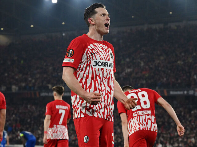 FREIBURG IM BREISGAU, GERMANY - MARCH 07: Michael Gregoritsch of SC Freiburg celebrates scoring his team's first goal during the UEFA Europa League 2023/24 round of 16 first leg match between Sport-Club Freiburg and West Ham United FC at Europa-Park Stadion on March 07, 2024 in Freiburg im Breisgau, Germany.