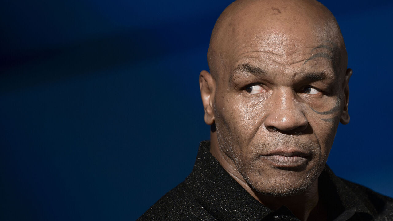 PRODEA LED STUDIOS, TURIN, ITALY - 2024/02/07: Mike Tyson, American former professional boxer, looks on during a press conference for 'Bunny-Man' film. 'Bunny-Man' is a new film made 95% in virtual production, most of the film will be shot in Turin.
