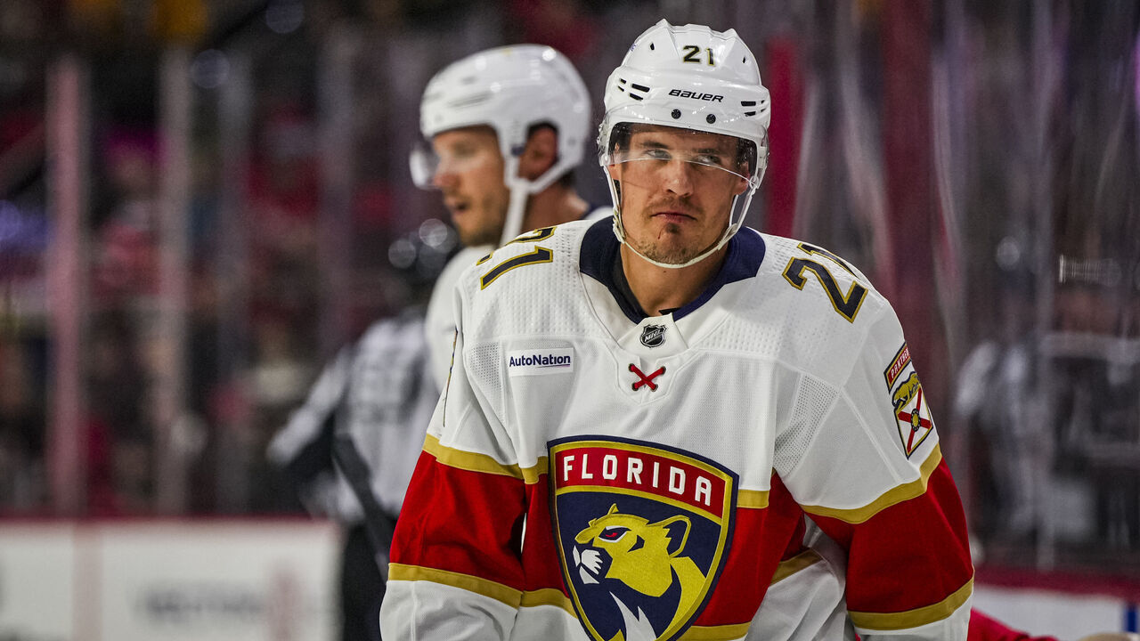 RALEIGH, NORTH CAROLINA - FEBRUARY 22: Nick Cousins #21 of the Florida Panthers reacts during the third period of an NHL hockey game against the Carolina Hurricanes at PNC Arena on February 22, 2024 in Raleigh, North Carolina.