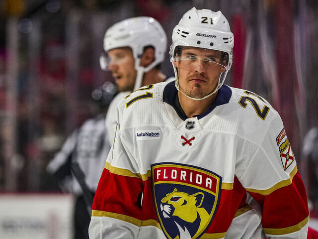 RALEIGH, NORTH CAROLINA - FEBRUARY 22: Nick Cousins #21 of the Florida Panthers reacts during the third period of an NHL hockey game against the Carolina Hurricanes at PNC Arena on February 22, 2024 in Raleigh, North Carolina.