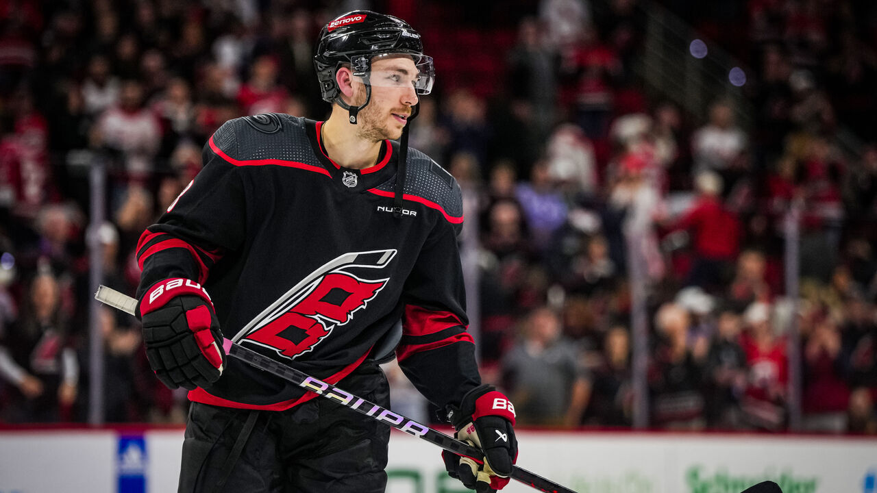RALEIGH, NORTH CAROLINA - FEBRUARY 08: Michael Bunting #58 of the Carolina Hurricanes reacts after a 5-2 victory against the Colorado Avalanche at PNC Arena on February 08, 2024 in Raleigh, North Carolina.