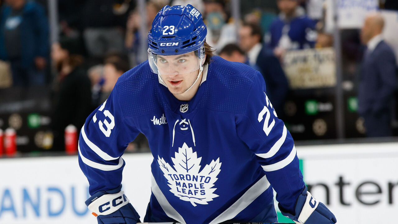 BOSTON, MASSACHUSETTS - MARCH 7: Matthew Knies #23 of the Toronto Maple Leafs warms up before a game against the Boston Bruins at the TD Garden on March 7, 2024 in Boston, Massachusetts.
