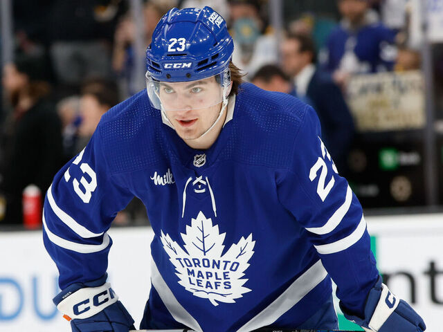 BOSTON, MASSACHUSETTS - MARCH 7: Matthew Knies #23 of the Toronto Maple Leafs warms up before a game against the Boston Bruins at the TD Garden on March 7, 2024 in Boston, Massachusetts.