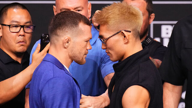 MIAMI, FLORIDA - MARCH 07: (L-R) Opponents Petr Yan of Russia and Song Yadong of China face off during the UFC 299 press conference at Kaseya Center on March 07, 2024 in Miami, Florida.