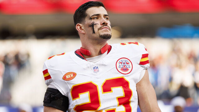 INGLEWOOD, CALIFORNIA - JANUARY 07: Drue Tranquill #23 of the Kansas City Chiefs looks on from the sideline before an NFL football game against the Los Angeles Chargers at SoFi Stadium on January 7, 2024 in Inglewood, California.