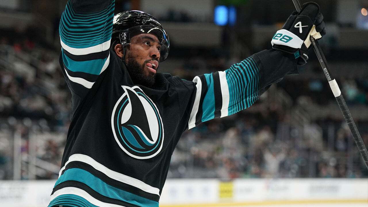 SAN JOSE, CA - MARCH 5: Anthony Duclair #10 of the San Jose Sharks celebrates scoring a goal against the Dallas Stars in the first period at SAP Center on March 5, 2024 in San Jose, California.
