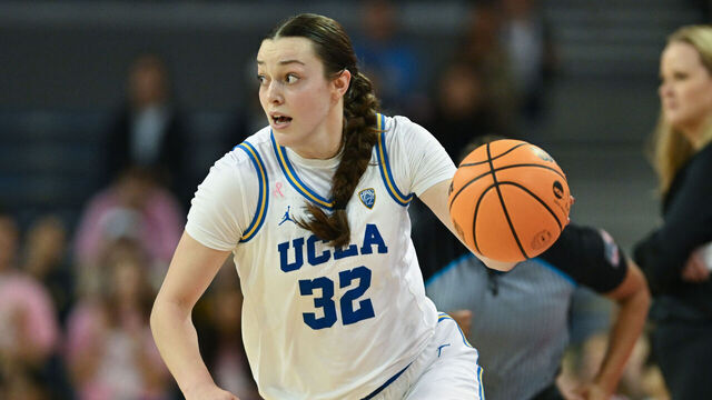 Westwood, CA - February 22:UCLA's Angela Dugalic, #32, drives the ball down court during third quarter action at UCLA's Pauley Pavilion on Thursday, February 22, 2024. The Bruins defeated the Utes 82-52.