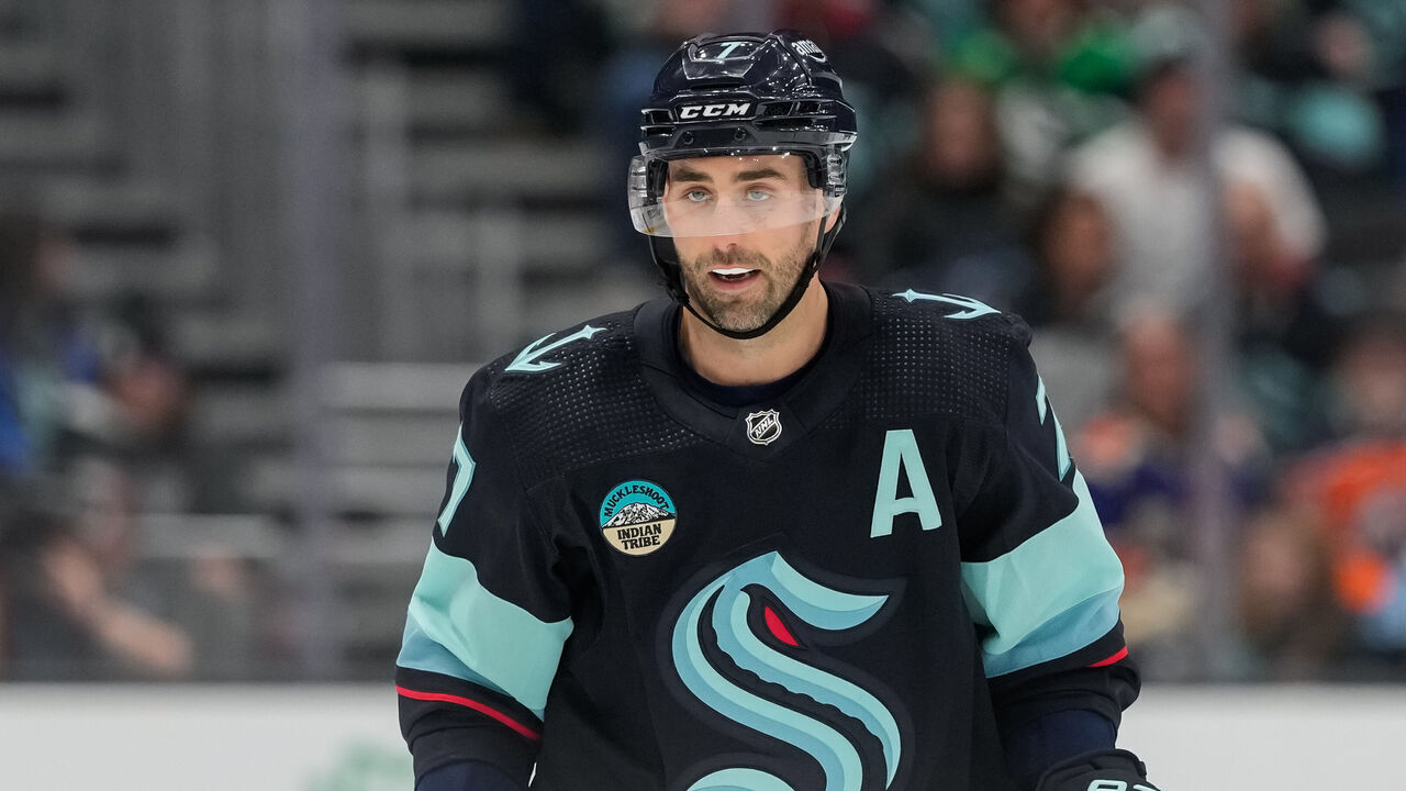 SEATTLE, WASHINGTON - MARCH 02: Jordan Eberle #7 of the Seattle Kraken looks on during the third period of a game against the Edmonton Oilers at Climate Pledge Arena on March 02, 2024 in Seattle, Washington.