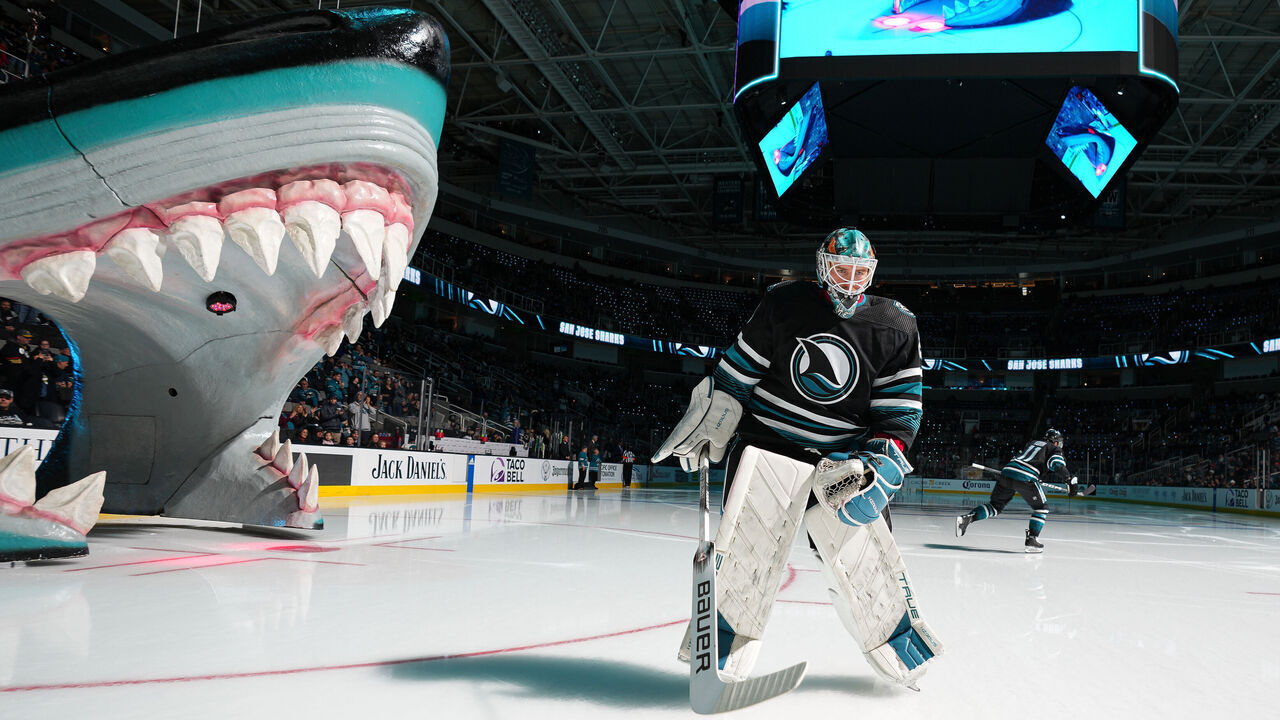 SAN JOSE, CA - FEBRUARY 19: Mackenzie Blackwood #29 of the San Jose Sharks takes the ice before the game against the Vegas Golden Knights at SAP Center on February 19, 2024 in San Jose, California.