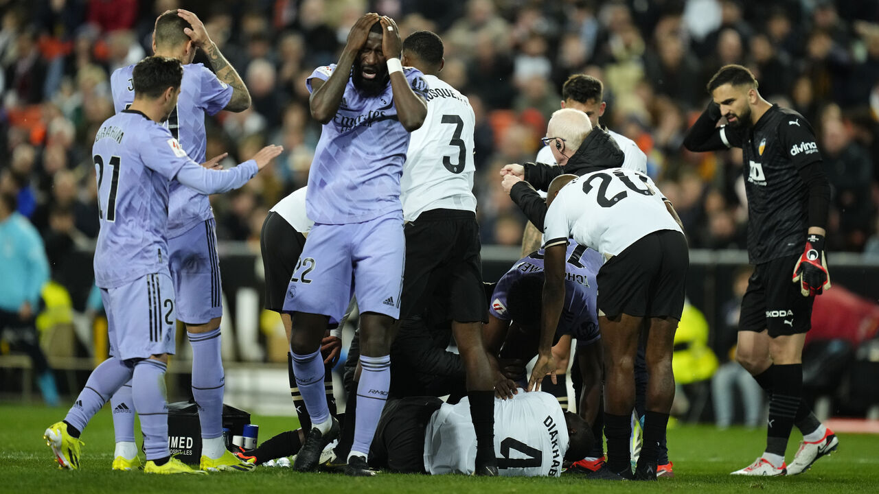VALENCIA, SPAIN - MARCH 2: Antonio Rudiger centre-back of Real Madrid and Germany reacts after injury of Mouctar Diakhaby centre-back of Valencia and Guinea during the LaLiga EA Sports match between Valencia CF and Real Madrid CF at Estadio Mestalla on March 2, 2024 in Valencia, Spain.