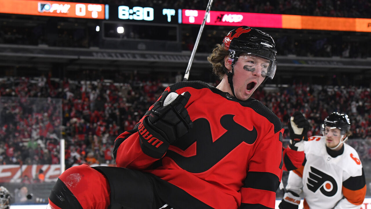 EAST RUTHERFORD, NEW JERSEY - FEBRUARY 17: Tyler Toffoli #73 of the New Jersey Devils reacts after scoring a first period goal during the 2024 Navy Federal Credit Union Stadium Series game between the Philadelphia Flyers and the New Jersey Devils at MetLife Stadium on February 17, 2024 in East Rutherford, New Jersey.