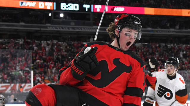 EAST RUTHERFORD, NEW JERSEY - FEBRUARY 17: Tyler Toffoli #73 of the New Jersey Devils reacts after scoring a first period goal during the 2024 Navy Federal Credit Union Stadium Series game between the Philadelphia Flyers and the New Jersey Devils at MetLife Stadium on February 17, 2024 in East Rutherford, New Jersey.