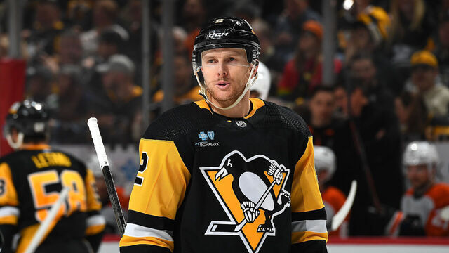 PITTSBURGH, PA - FEBRUARY 25: Chad Ruhwedel #2 of the Pittsburgh Penguins skates against the Philadelphia Flyers at PPG PAINTS Arena on February 25, 2024 in Pittsburgh, Pennsylvania.