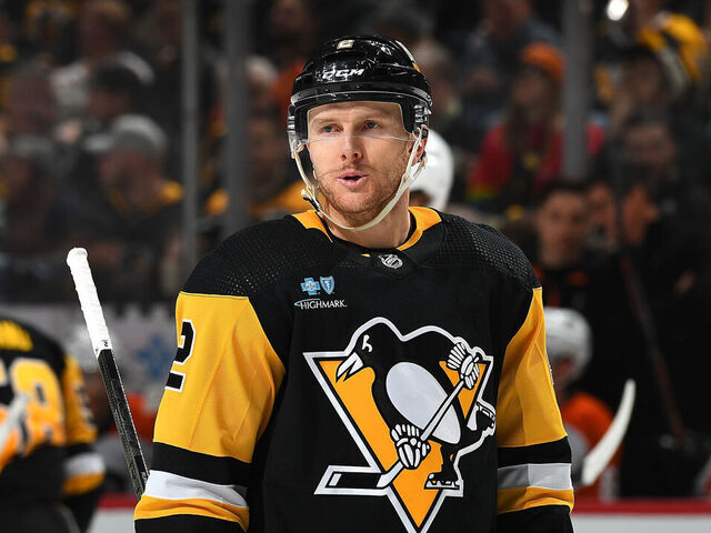 PITTSBURGH, PA - FEBRUARY 25: Chad Ruhwedel #2 of the Pittsburgh Penguins skates against the Philadelphia Flyers at PPG PAINTS Arena on February 25, 2024 in Pittsburgh, Pennsylvania.