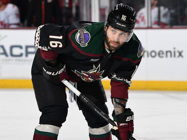TEMPE, ARIZONA - FEBRUARY 16: Jason Zucker #16 of the Arizona Coyotes gets ready during a face off against the Carolina Hurricanes at Mullett Arena on February 16, 2024 in Tempe, Arizona.