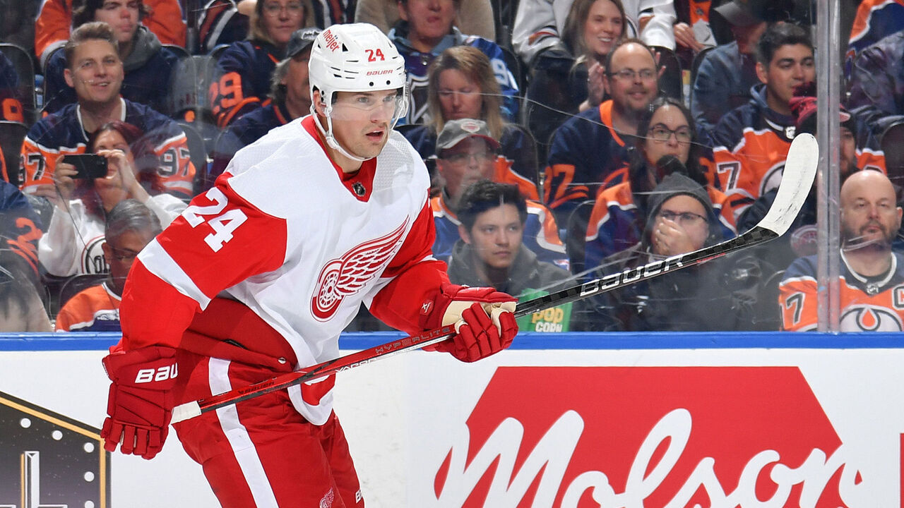 EDMONTON, CANADA - FEBRUARY 13: Klim Kostin #24 of the Detroit Red Wings skates during the game against the Edmonton Oilers at Rogers Place on February 13, 2024, in Edmonton, Alberta, Canada.