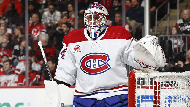 NEWARK, NEW JERSEY - FEBRUARY 24: Jake Allen #34 of the Montreal Canadiens looks on during the second period against the New Jersey Devils at Prudential Center on February 24, 2024 in Newark, New Jersey.