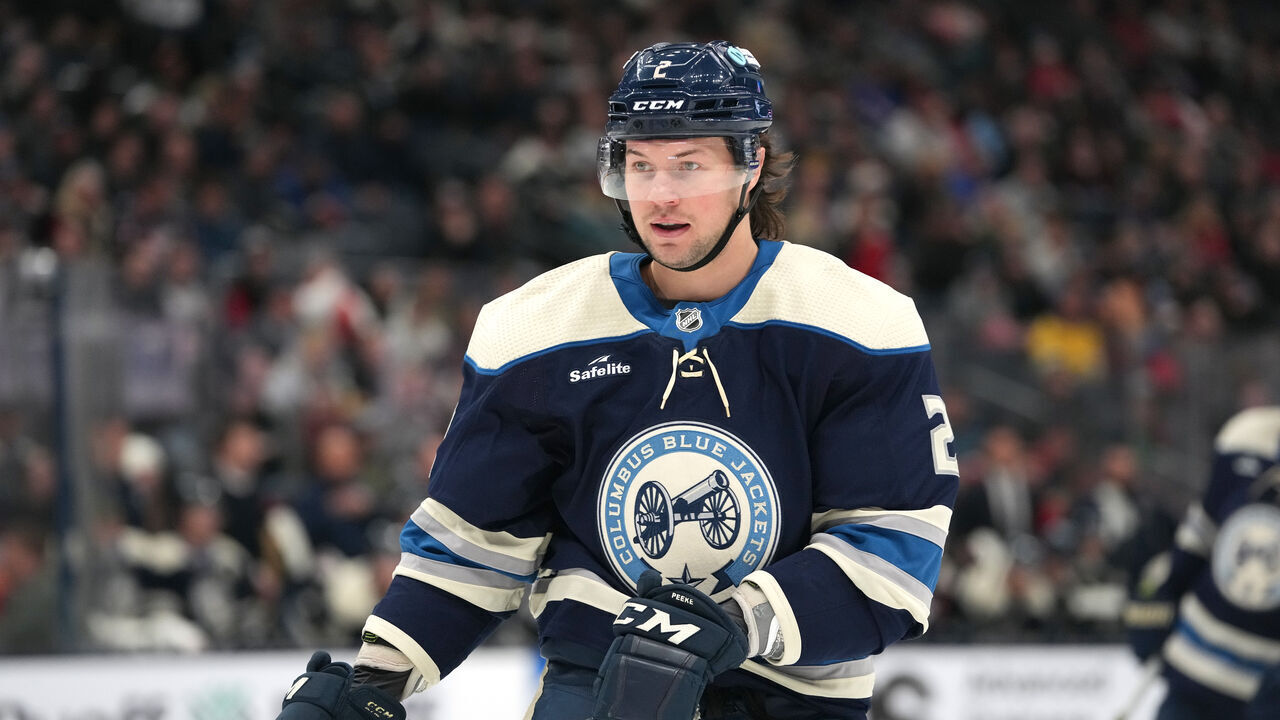 COLUMBUS, OHIO - FEBRUARY 29: Andrew Peeke #2 of the Columbus Blue Jackets skates during the first period against the Carolina Hurricanes at Nationwide Arena on February 29, 2024 in Columbus, Ohio.