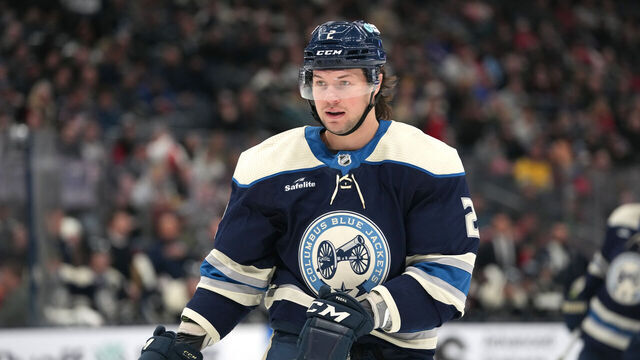 COLUMBUS, OHIO - FEBRUARY 29: Andrew Peeke #2 of the Columbus Blue Jackets skates during the first period against the Carolina Hurricanes at Nationwide Arena on February 29, 2024 in Columbus, Ohio.
