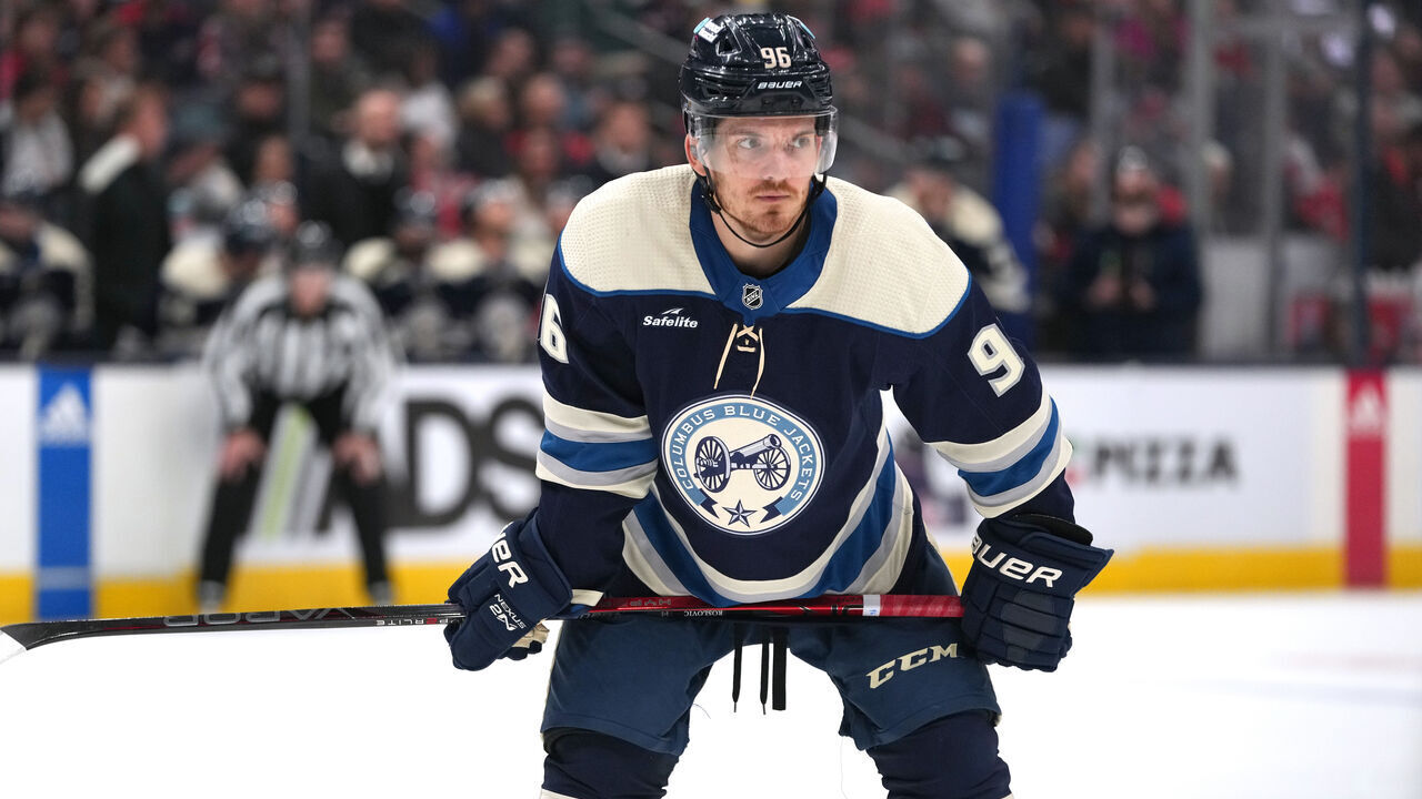 COLUMBUS, OHIO - FEBRUARY 29: Jack Roslovic #96 of the Columbus Blue Jackets takes a break during a stoppage in play against the Carolina Hurricanes at Nationwide Arena on February 29, 2024 in Columbus, Ohio.