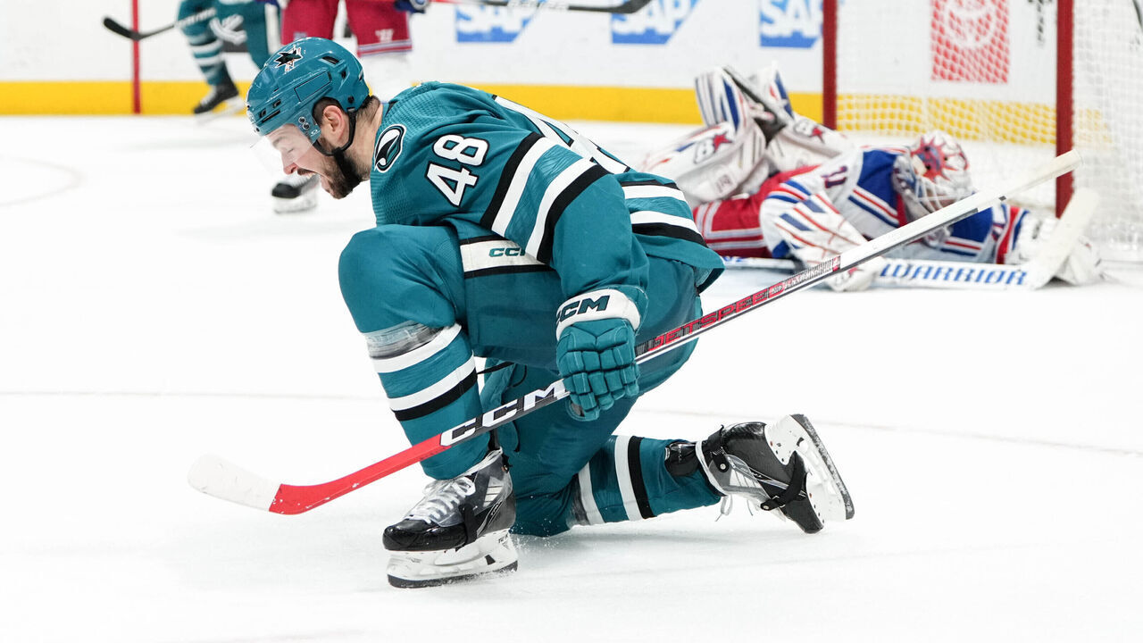 SAN JOSE, CALIFORNIA - JANUARY 23: Tomas Hertl #48 of the San Jose Sharks celebrates an overtime goal scored against the New York Rangers at SAP Center on January 23, 2024 in San Jose, California.