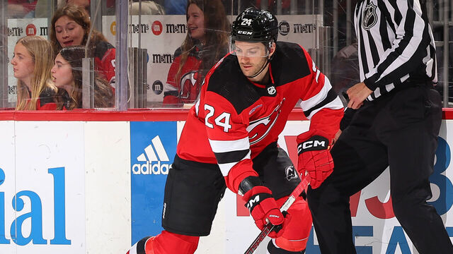NEWARK, NJ - MARCH 05: Colin Miller #24 of the New Jersey Devils skates during the first period during the game against the Florida Panthers at the Prudential Center on March 5, 2024 in Newark, New Jersey.