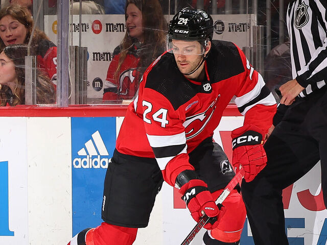 NEWARK, NJ - MARCH 05: Colin Miller #24 of the New Jersey Devils skates during the first period during the game against the Florida Panthers at the Prudential Center on March 5, 2024 in Newark, New Jersey.