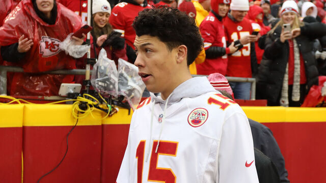 KANSAS CITY, MO - JANUARY 21: Kansas City Chiefs quarterback Patrick Mahomes (15) brother Jackson Mahomes before an AFC divisional playoff game between the Jacksonville Jaguars and Kansas City Chiefs on January 21, 2023 at GEHA Field at Arrowhead Stadium in Kansas City, MO.