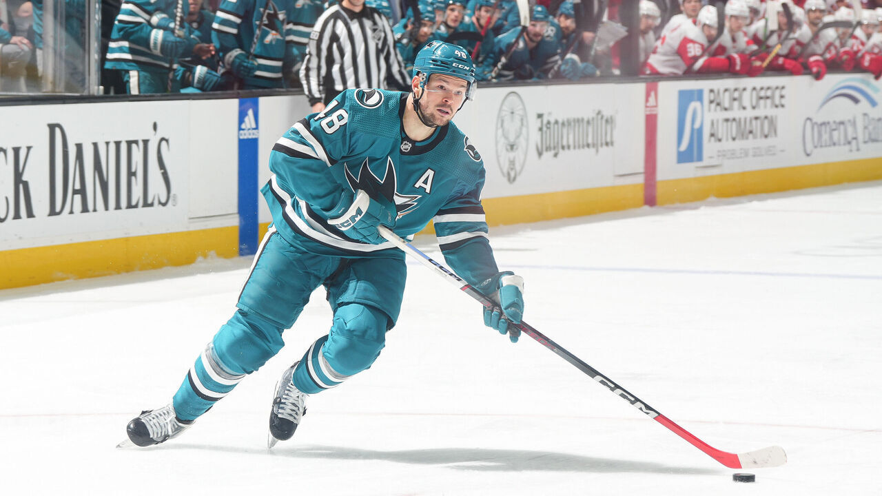 SAN JOSE, CA - JANUARY 2: Tomas Hertl #48 of the San Jose Sharks skates with the puck against the Detroit Red Wings at SAP Center on January 2, 2024 in San Jose, California.