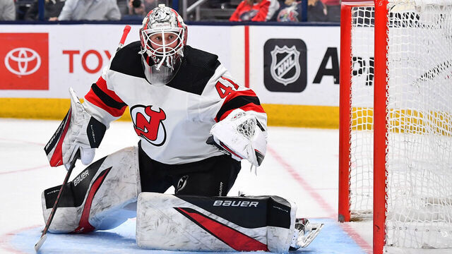 COLUMBUS, OHIO - JANUARY 19: Goaltender Vitek Vanecek #41 of the New Jersey Devils defends the net during the third period of a game against the Columbus Blue Jackets at Nationwide Arena on January 19, 2024 in Columbus, Ohio.