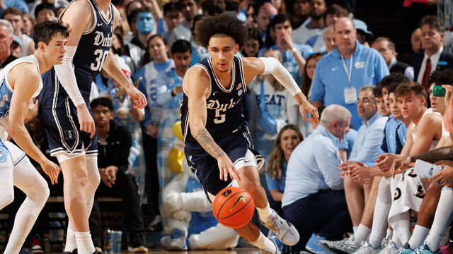 CHAPEL HILL, NC - FEBRUARY 03: Tyrese Proctor #5 of the Duke Blue Devils dribbles the ball during a game against the North Carolina Tar Heels on February 03, 2024 at the Dean Smith Center in Chapel Hill, North Carolina. North Carolina won 93-84.