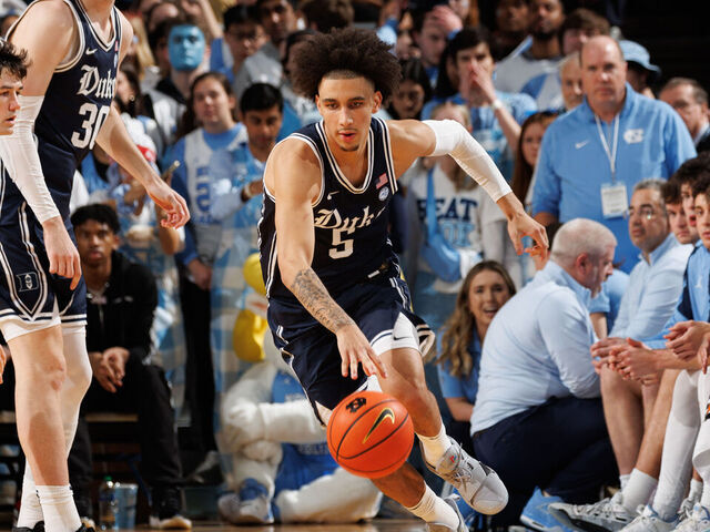 CHAPEL HILL, NC - FEBRUARY 03: Tyrese Proctor #5 of the Duke Blue Devils dribbles the ball during a game against the North Carolina Tar Heels on February 03, 2024 at the Dean Smith Center in Chapel Hill, North Carolina. North Carolina won 93-84.