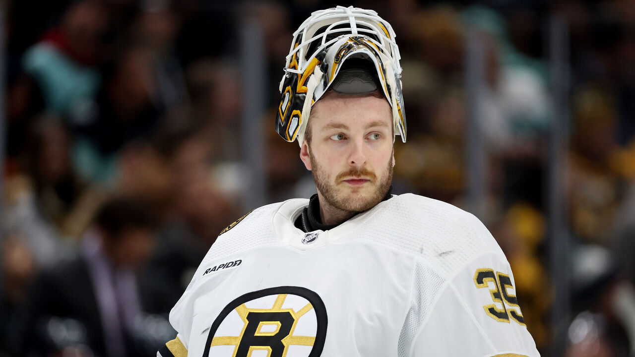 SEATTLE, WASHINGTON - FEBRUARY 26: Linus Ullmark #35 of the Boston Bruins looks on during the second period against the Seattle Kraken at Climate Pledge Arena on February 26, 2024 in Seattle, Washington.